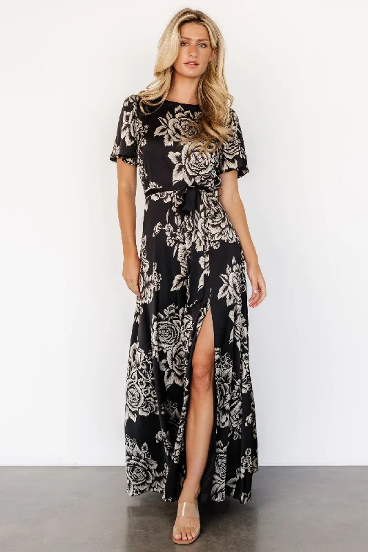 Slim Fit Agnes Satin Maxi Dress | Black + Cream Floral