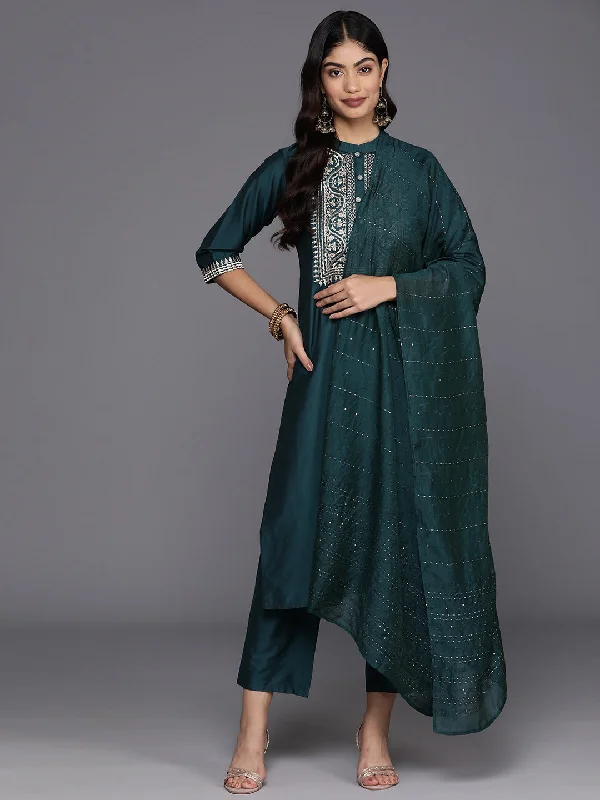 Blue Yoke Design Silk Blend Straight Suit With Dupatta