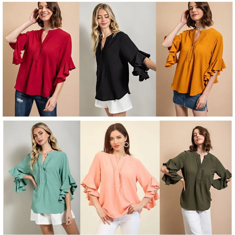Noble Temperament Gigio Usa Women's Solid Ruffle Bell Sleeve Top
