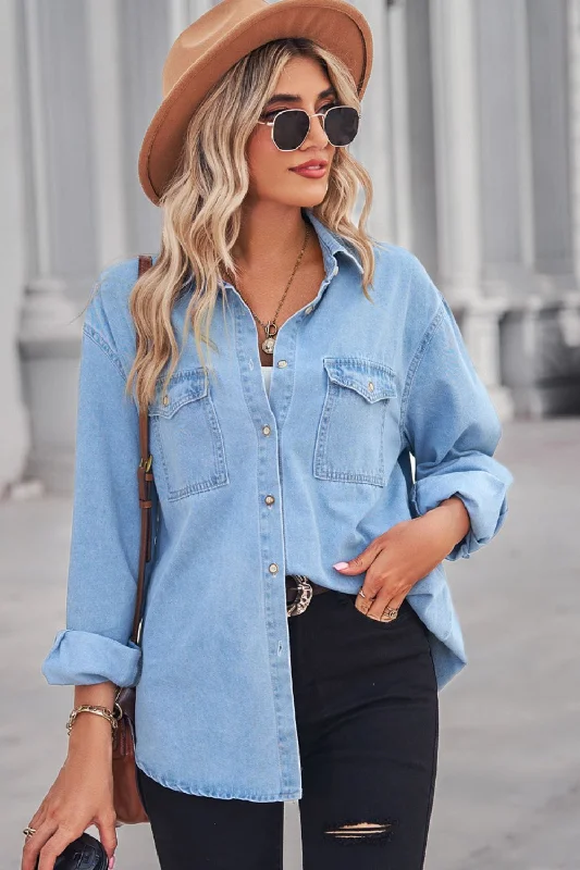 Romantic And Fresh Collared Neck Dropped Shoulder Denim Top