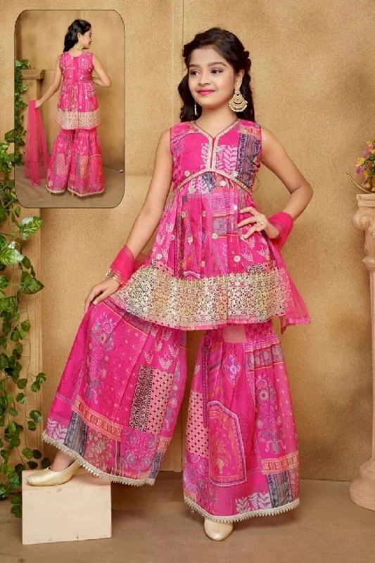 Kid’s Pink Alia Cut Heavy Japan satin Sharara Suit