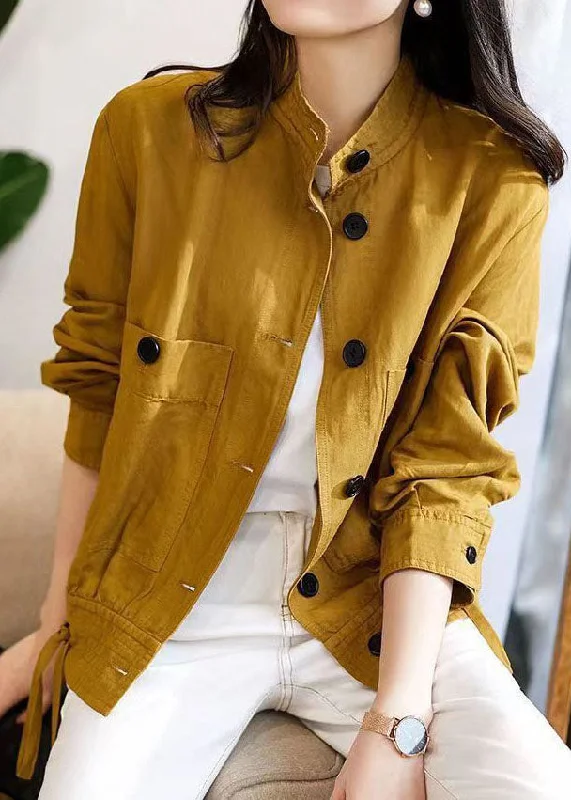 Classic Series Loose Yellow Stand Collar Button Patchwork Cotton Jacket Fall
