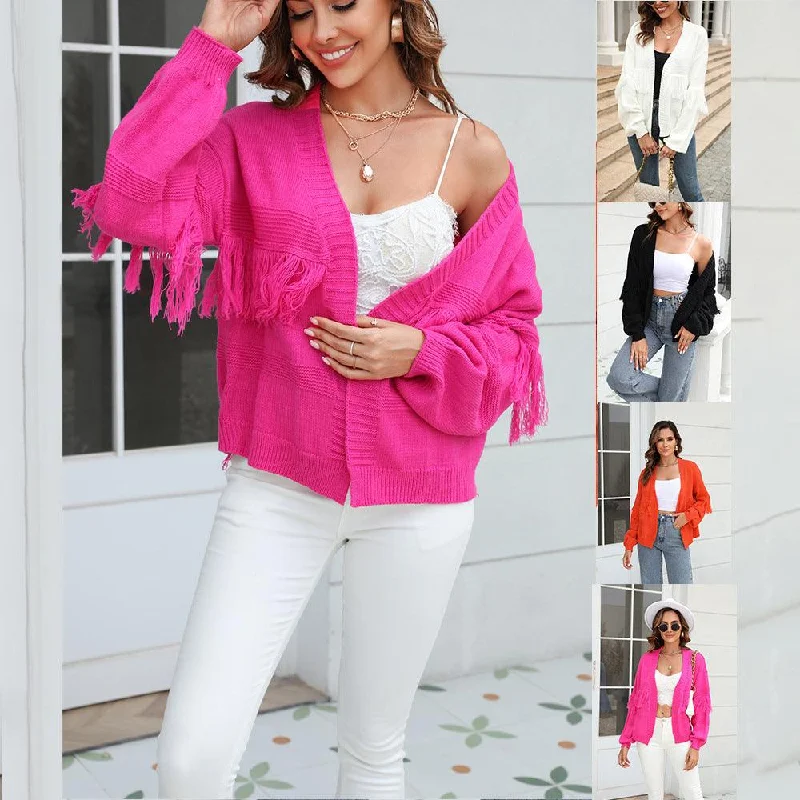 Women's Open Front Tassel Sweater Cardigan Long Sleeve Cardigan Outwear