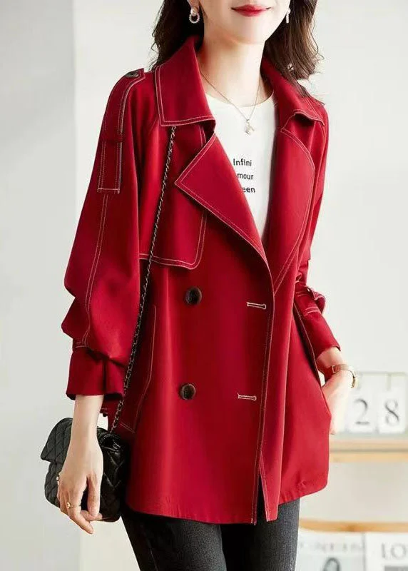 Elegant Tailoring Unique Red Peter Pan Collar Pockets Button Patchwork Cotton Coats Fall