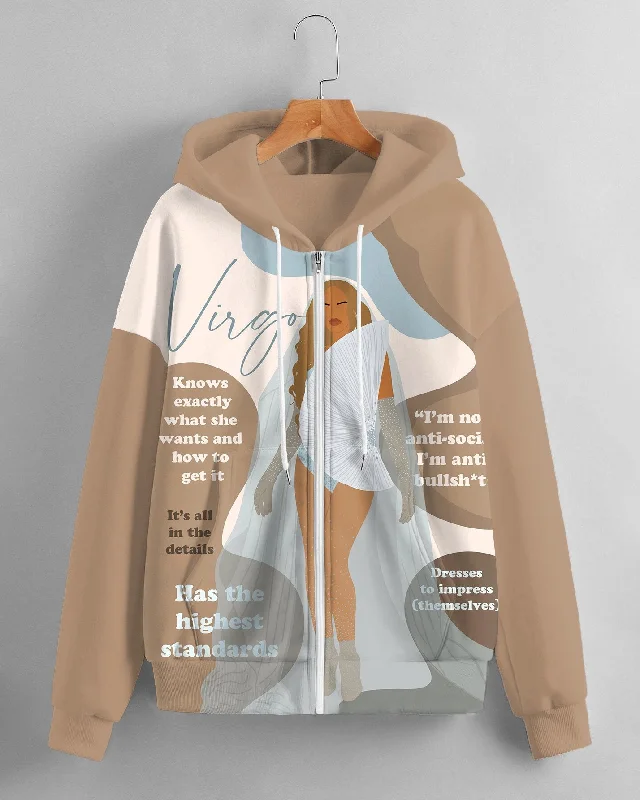 Sports Design Women's Fashion Daily Black Virgo Women Print Long Sleeve Zipper Hoodie