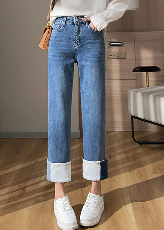 Comfortable Design Bohemian Blue High Waist Cotton Denim Corp Pants Summer