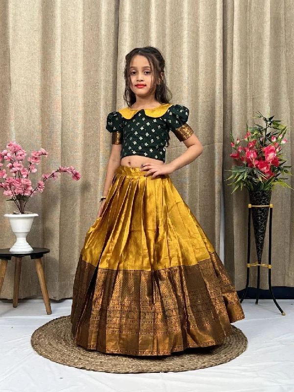 Mustard Green Lichi Silk Kid’s Lehenga Choli