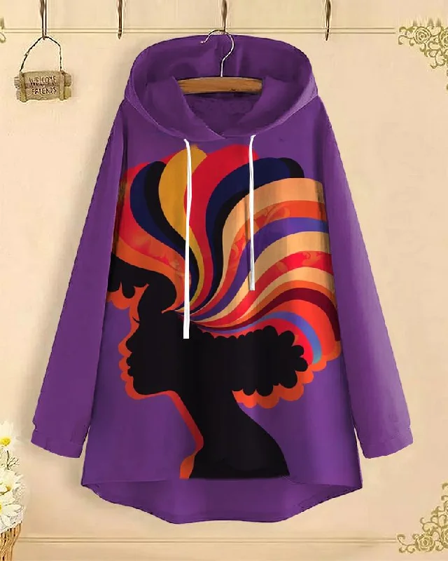 Fashion Elements Retro Ethnic Portrait Long-Sleeved with Loose Hem Hoodie
