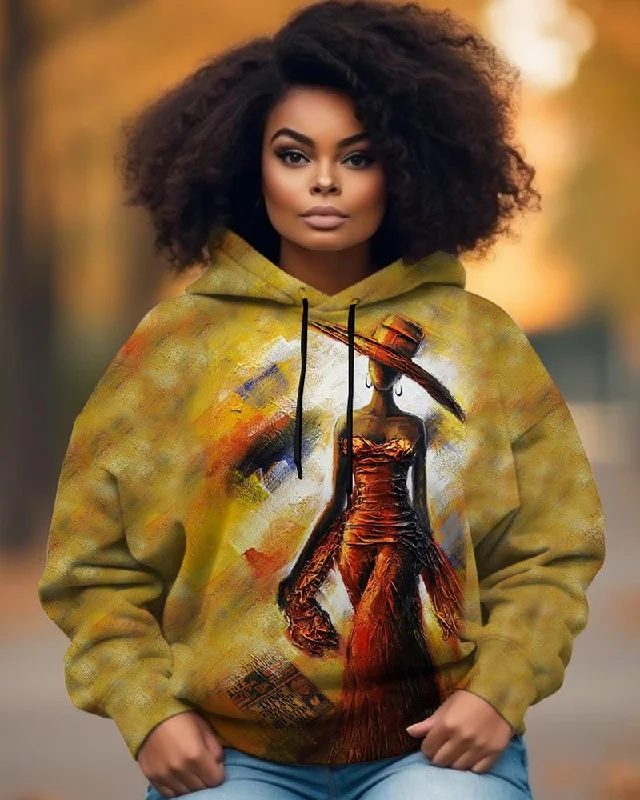 Stretch Design Oil Painting Black Girl Printed Hoodie