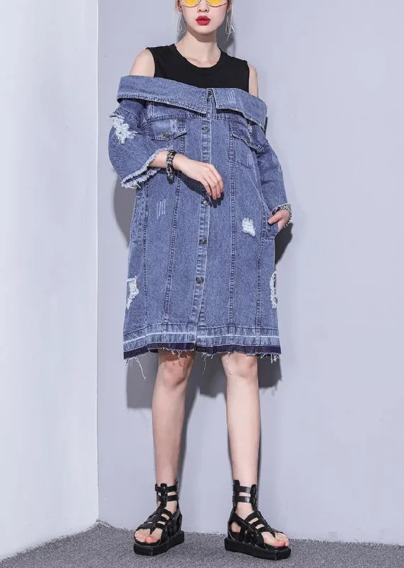 French Style 100% denim blue Cotton Long Shirts Slash neck oversized summer Dresses