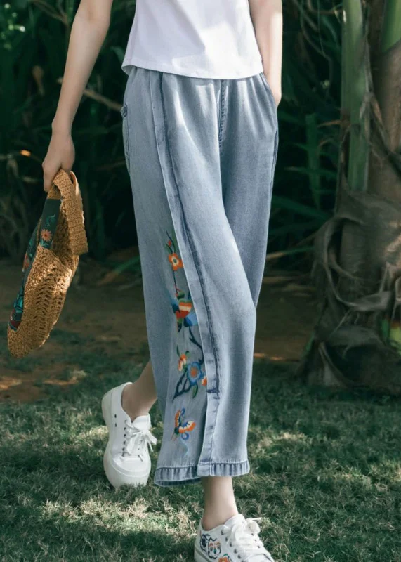 Fashion Style Art Blue Embroideried Pockets Patchwork Denim Wide Leg Pants Summer