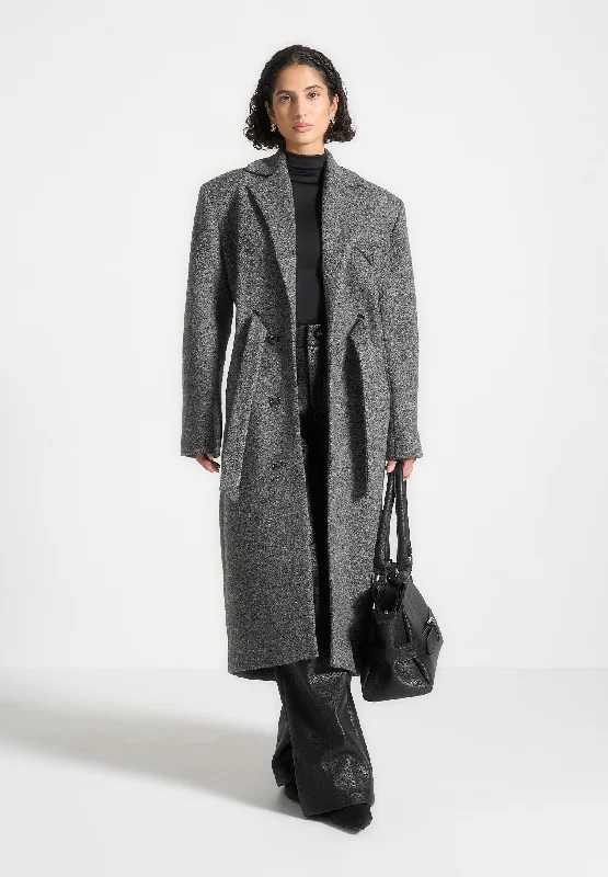 Simple And Comfortable Boxy Wool Belted Coat - Grey