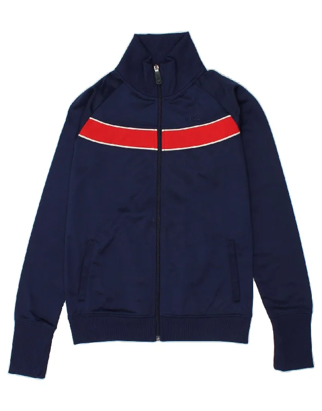 Casual And Comfortable FILA Womens Tracksuit Top Jacket UK 12 Medium Navy Blue Striped Polyester
