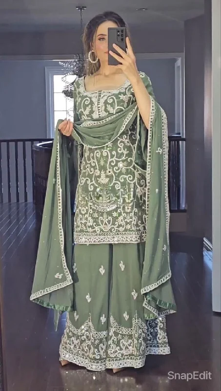 Green Pink Fancy Georgette Bell Sleeve Party Wear Gharara Suit