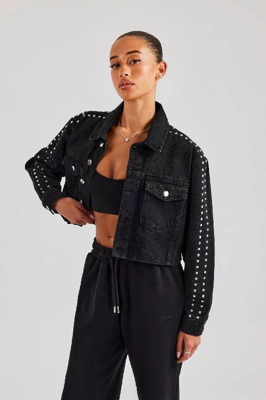 Urban Style Stud Cropped Denim Jacket - Washed Black