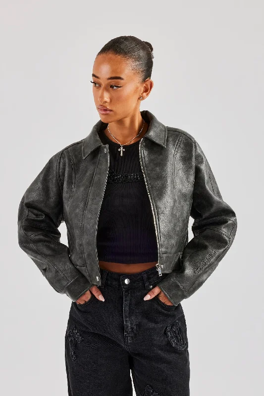 Casual Style Washed Oversized PU Jacket - Charcoal