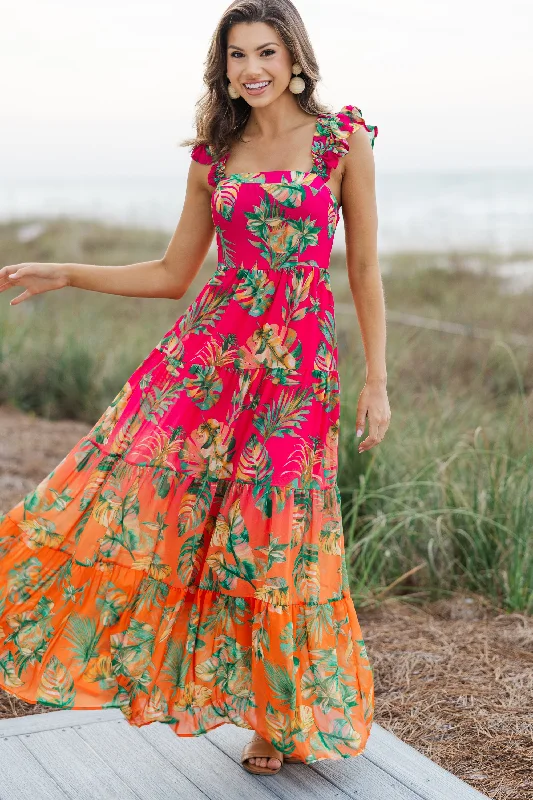Urban Sense Enjoy The Views Fuchsia Pink Tropical Maxi Dress