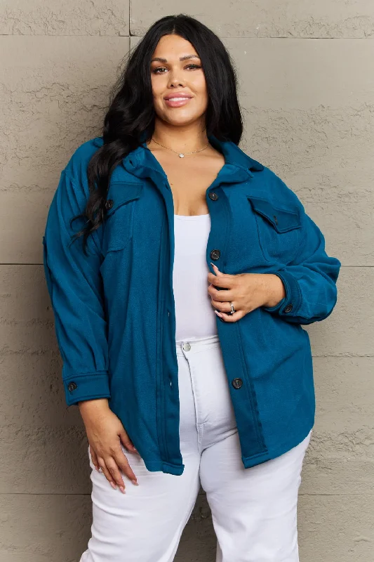 Classic Series Zenana Cozy in the Cabin Full Size Fleece Elbow Patch Shacket in Teal