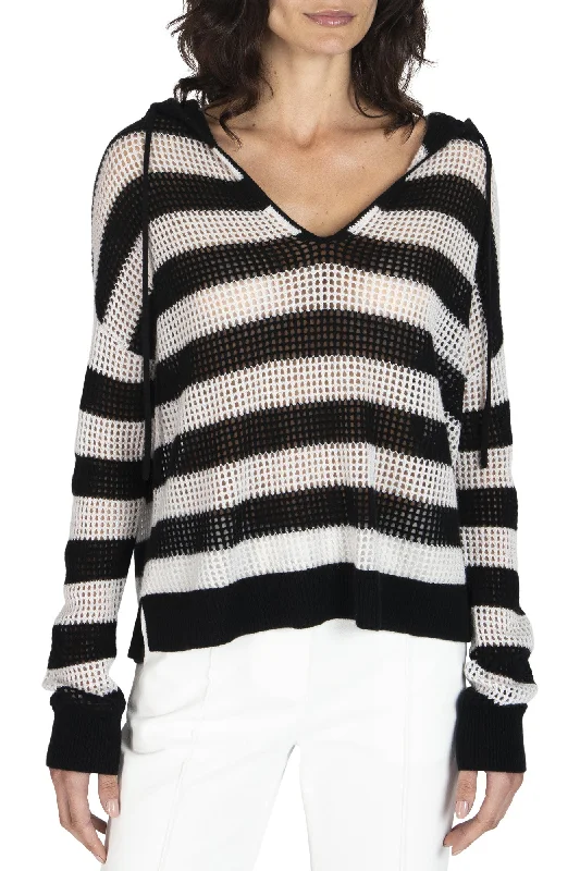 French Style ATM Cashmere Mesh Stripe Sweater in Black-Salt Grey