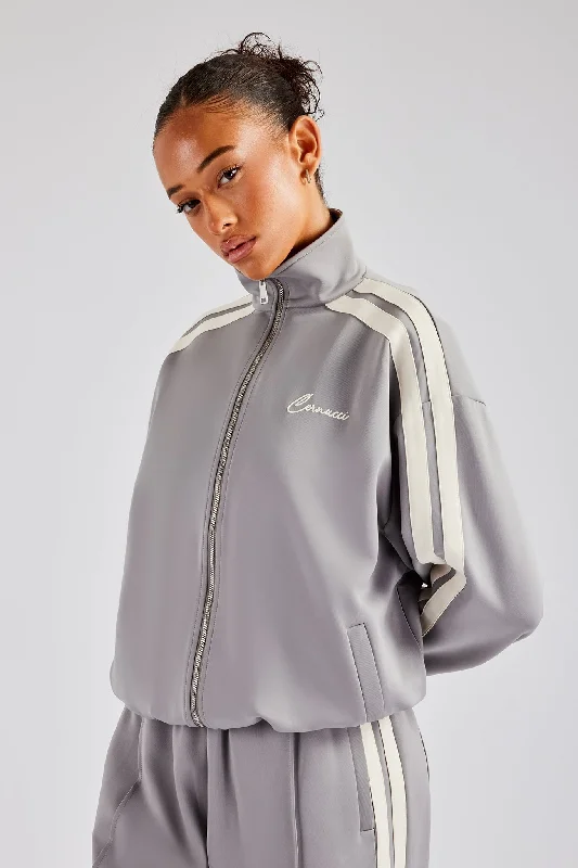Slightly Flared Design Funnel Neck Taping Zip Through Track Jacket - Grey