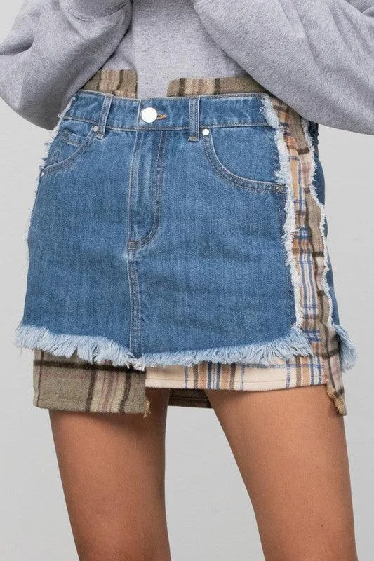 Modern City Plaid Checker Mini Denim Skirt