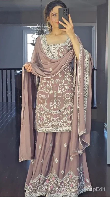 Khaki Pink Fancy Georgette Bell Sleeve Party Wear Gharara Suit