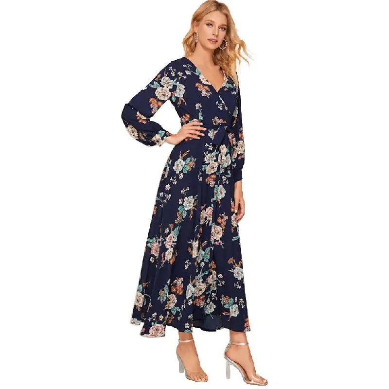 Women Floral Print Navy Blue Chiffon Long Sleeves Fall Dresses