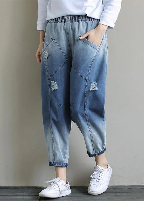 Bohemian Denim Light Blue Trousers Oversize Spring Elastic Waist Hole Work Pant