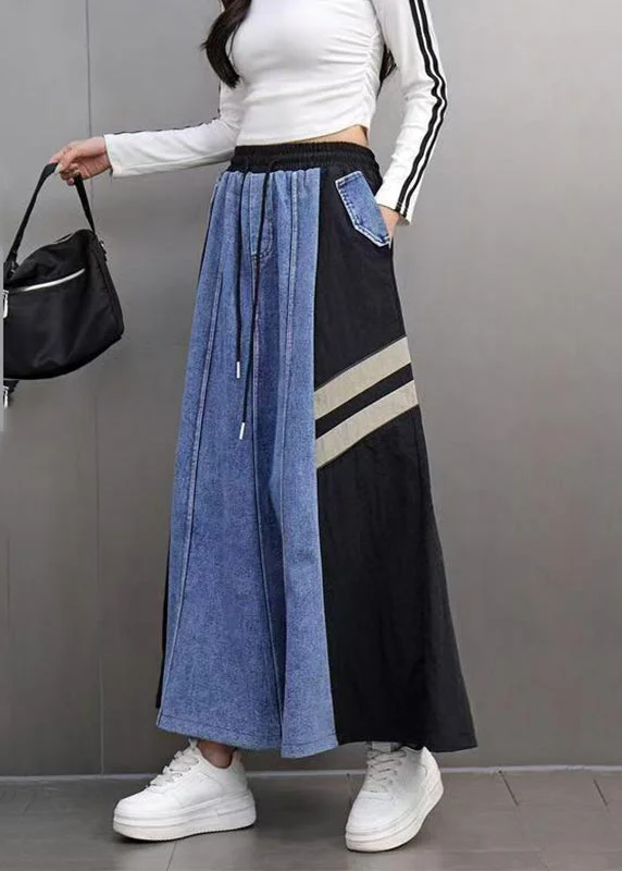 Boutique Colorblock Pockets Striped Elastic Waist Maxi Denim Skirts Spring