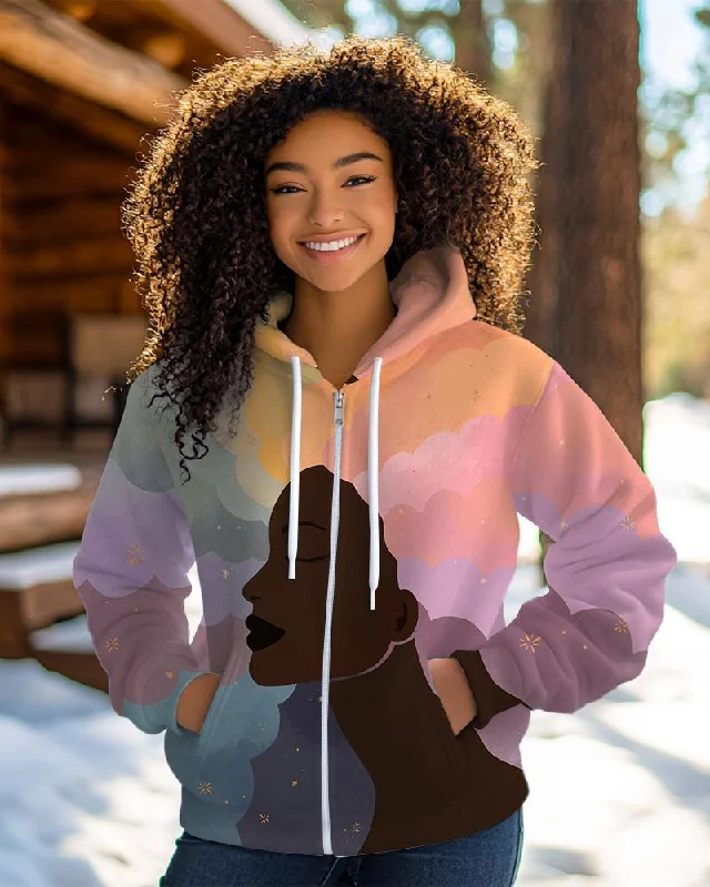 Celebrity Style Rainbow Curls Printed Zippered Hooded Long-Sleeved Casual Hoodie