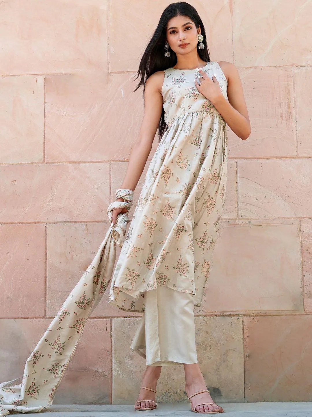 Beige Printed Silk Blend A-Line Kurta With Palazzos & Dupatta