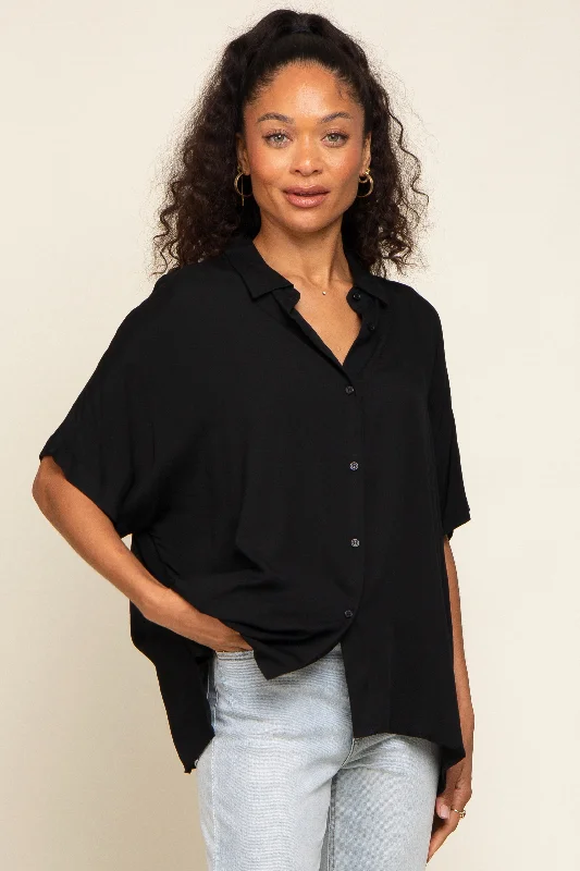 Black Button Up Dolman Short Sleeve Top