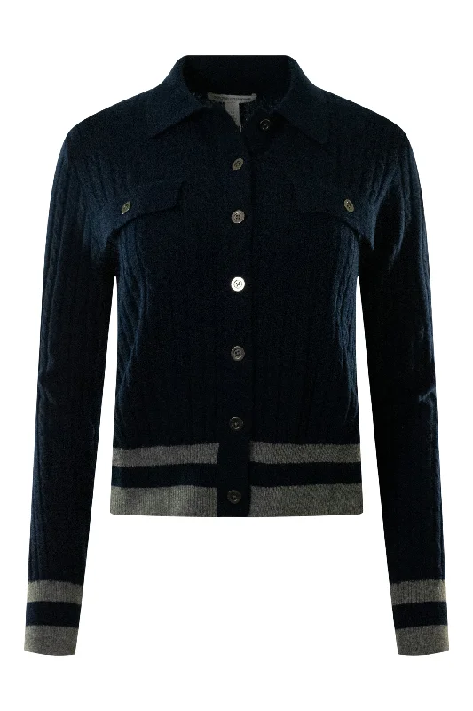 Sports Cool Autumn Cashmere Collared Cabled Cardigan in Navy Combo