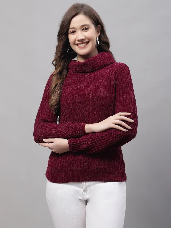 Slim Fit Women's Casual  Maroon Turtle neck Pullover Sweater