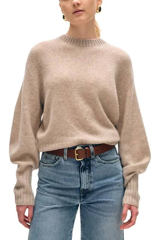 Slim Fit White & Warren Cashmere Featherweight Blouson Sleeve Crew in Sandwisp Heather