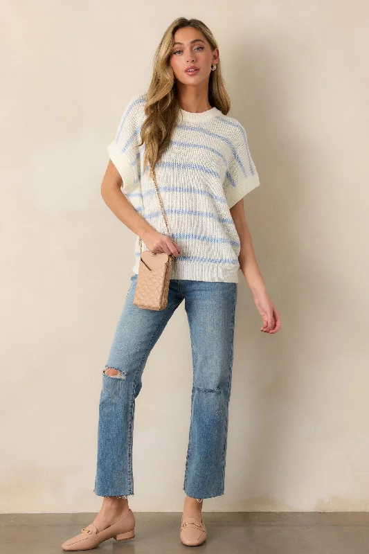 Exquisite Fabrics Where You Belong White & Blue Stripe Short Sleeve Sweater Top