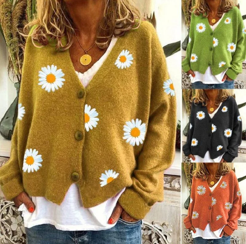 Women's Single Breasted Sweater Chrysanthemum Embroidered Cardigans Coat Clothes