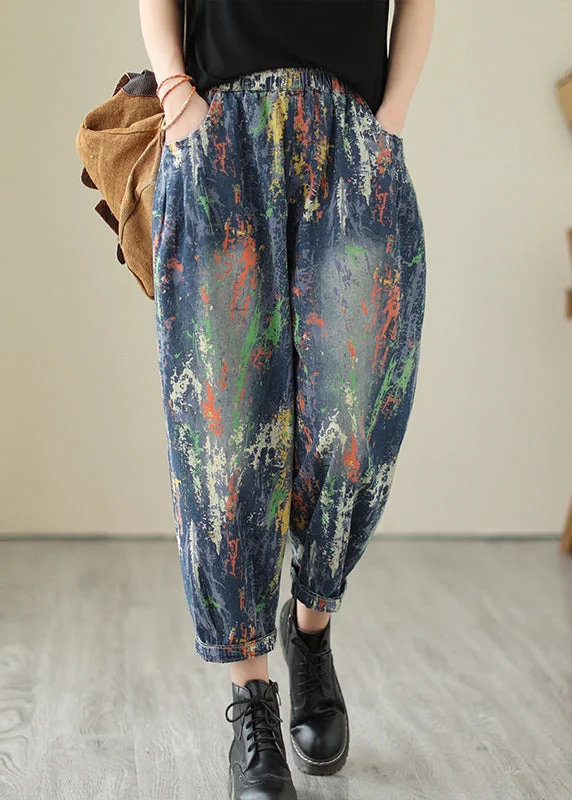 Casual And Casual Chic Blue Oversized Graffiti Denim Harem Pants Summer