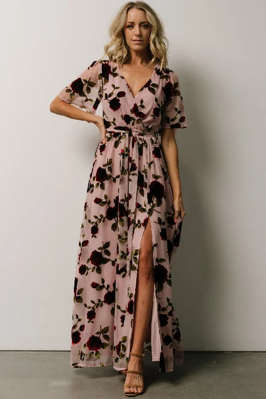 Noble And Elegant Parisian Velvet Maxi Dress | Blush Rose Floral