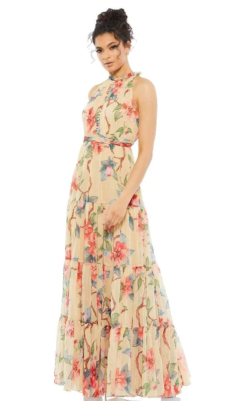 Minimalism Ieena Duggal - 70203I High Neck Floral A-Line Dress
