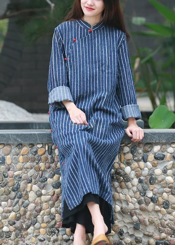 Classic Series Simple stand collar side open tunic Tutorials denim blue striped A Line Dress Classic Series Simple stand collar side open tunic Tutorials denim blue striped A Line Dress