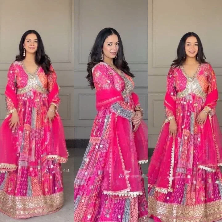 Hot Pink Chinnon Silk Aliya Cut Designer Anarkali Suit