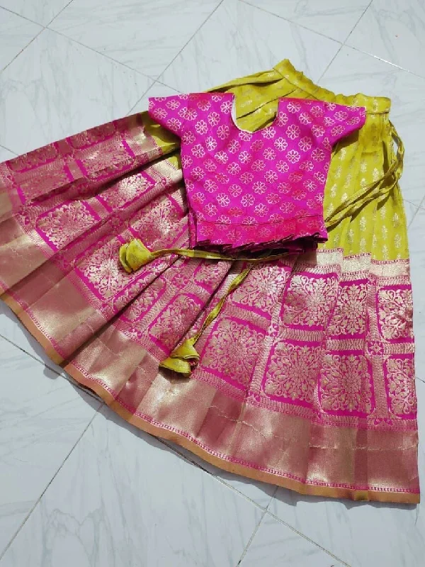 Lemon Yellow Pink Silk Kid's Lehenga Festival Wear Pavadai Sattai