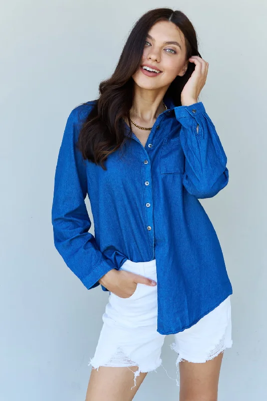 Sports Design Doublju Blue Jean Baby Denim Button Down Shirt Top in Dark Blue