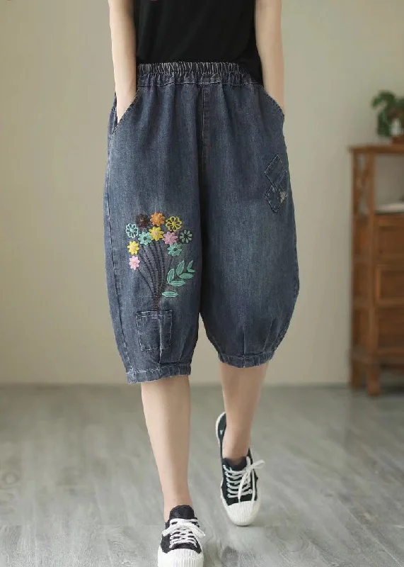 Playful Style Fine Navy Embroideried Floral Denim Harem Pants Summer