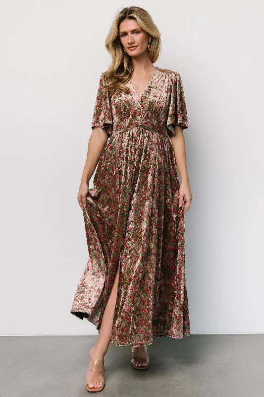 Thin Design Irina Velvet Maxi Dress | Green Multi Floral