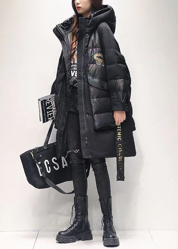 Casual Street Style Black Hooded Drawstring Warm Duck Down Puffers Jackets Winter