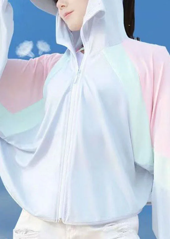 Elegant And Noble Stylish Light Purple Hooded Zippered Patchwork Ice Silk UPF 50+ Coat Summer