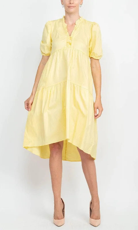 London Times T6166M - Short Puff Sleeve High Low Hem Dress