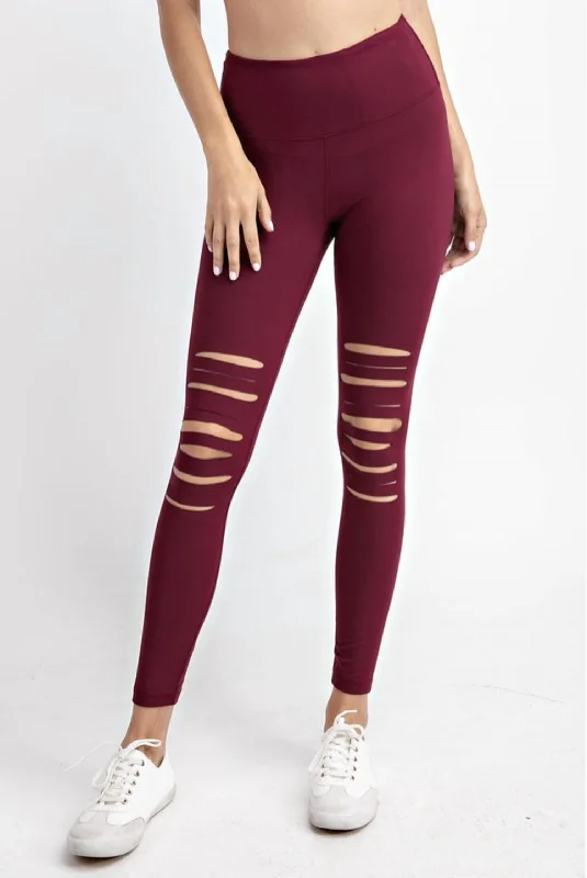 Design Perception Laser Cut Wide Waist Band Leggings In Burgundy